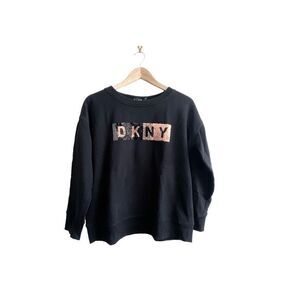 DKNY Sport Reversible Sequined Logo Long-Line Sweatshirt Black Women's M